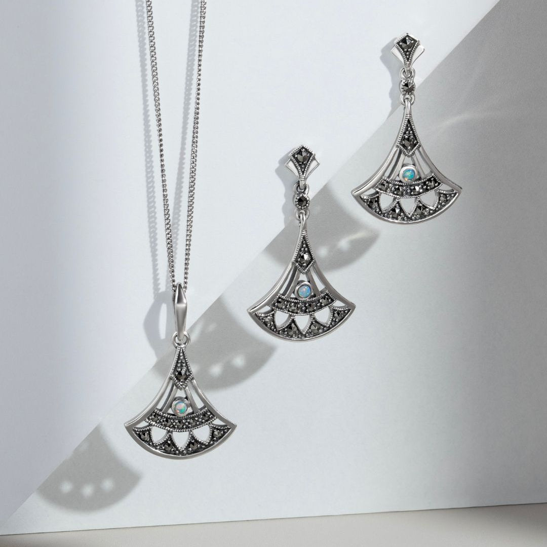 Art Deco Style Round Opal & Marcasite Open Work Fan Drop Pendant in 925 Sterling Silver