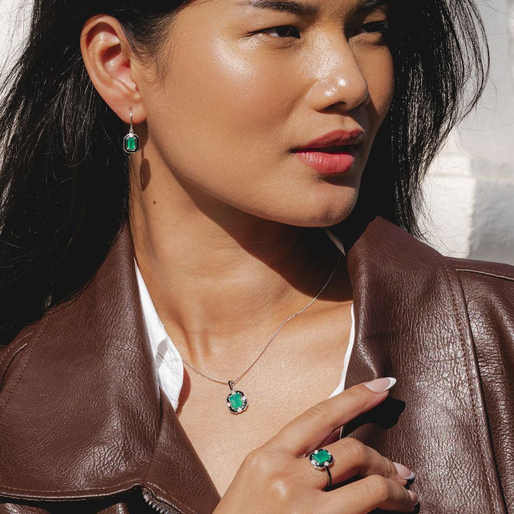 Grand Deco Black Enamel, Green Chalcedony & Topaz Ring in Sterling Silver