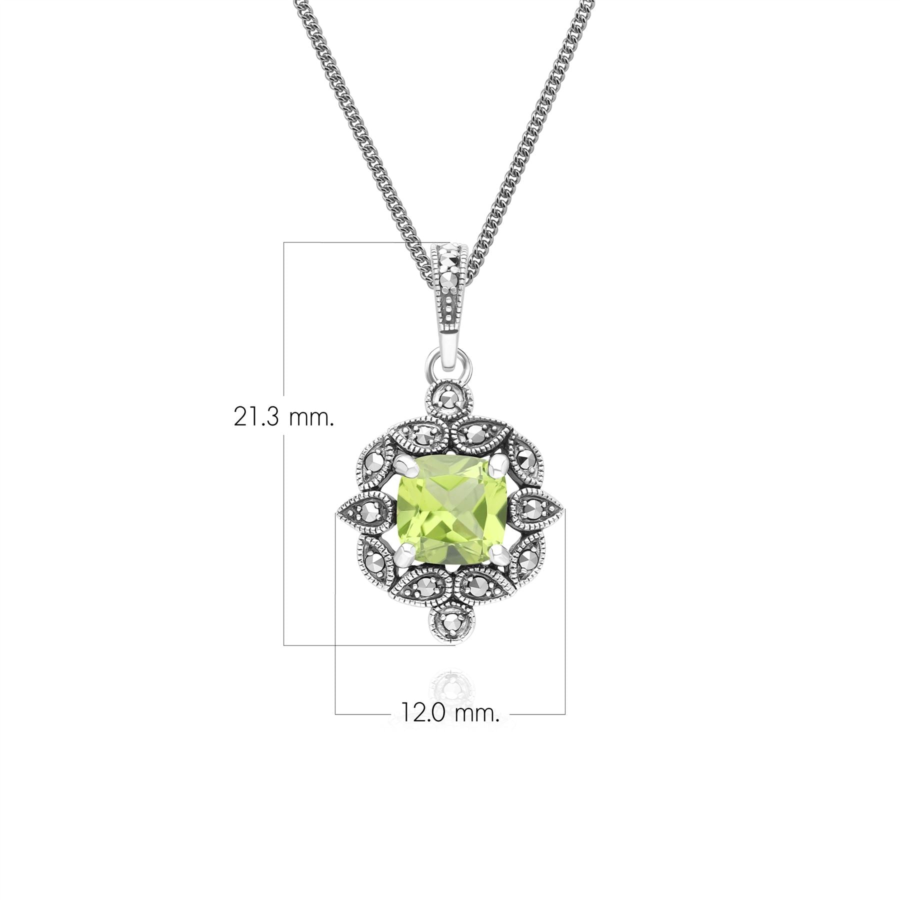 Art Deco Style Cushion Peridot & Marcasite Pendant Necklace in Sterling Silver