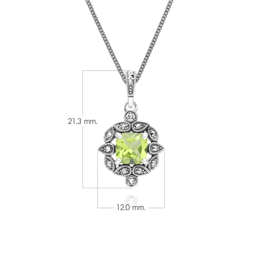 Art Deco Style Cushion Peridot & Marcasite Pendant Necklace in Sterling Silver