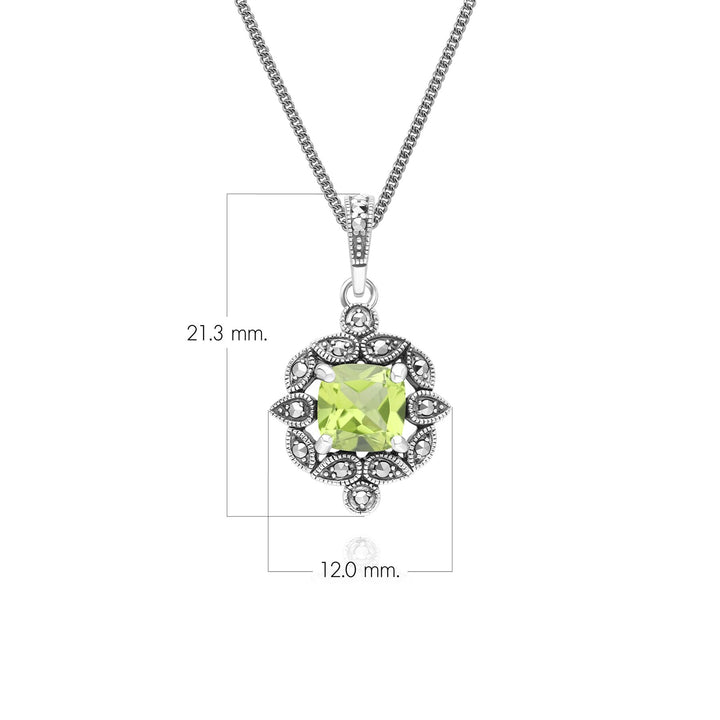 Art Deco Style Cushion Peridot & Marcasite Pendant Necklace in Sterling Silver