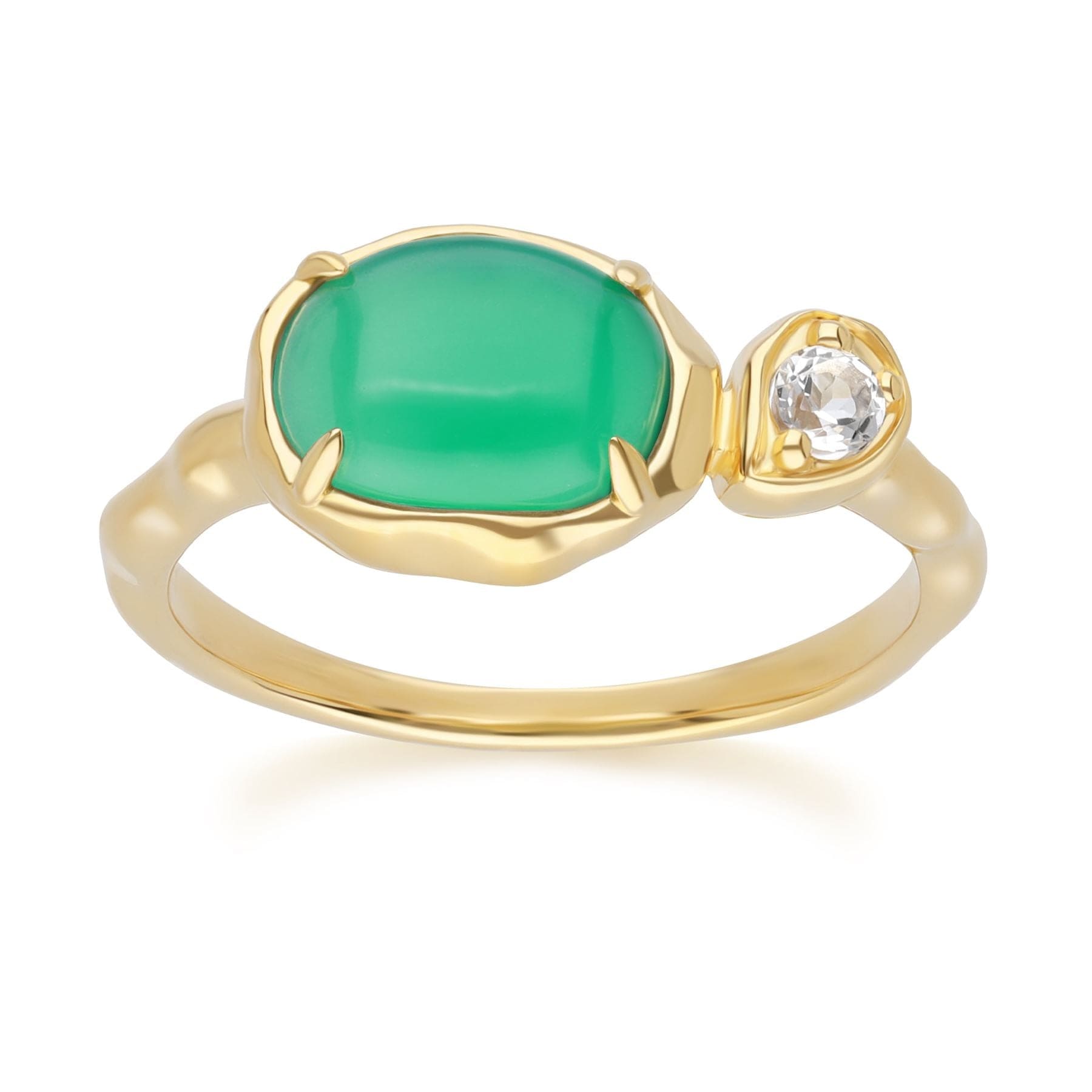 Irregular Oval Dyed Green Chalcedony & Topaz Ring In 18ct Gold Plated SterlIng Silver