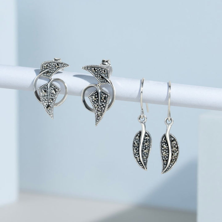 Art Nouveau Style Round Marcasite Stud Earrings in 925 Sterling Silver