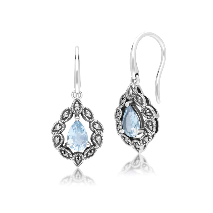 Art Deco Style Pear Blue Topaz & Marcasite Drop Earrings in Sterling Silver