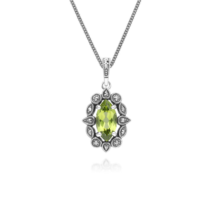 Art Deco Style Marquise Peridot & Marcasite Pendant Necklace in Sterling Silver
