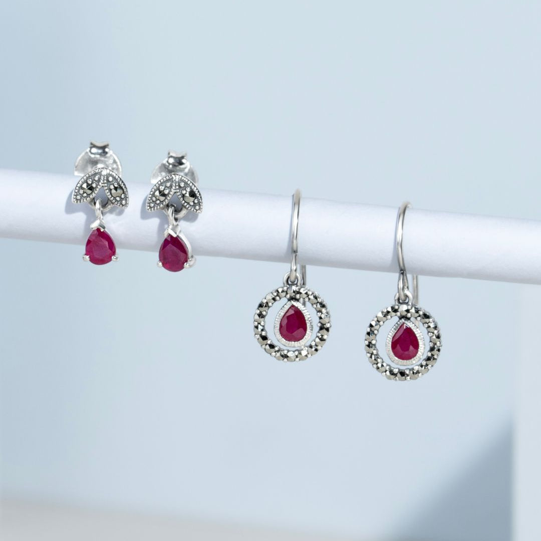 Classic Pear Ruby & Marcasite Round Halo Drop Earrings in 925 Sterling Silver