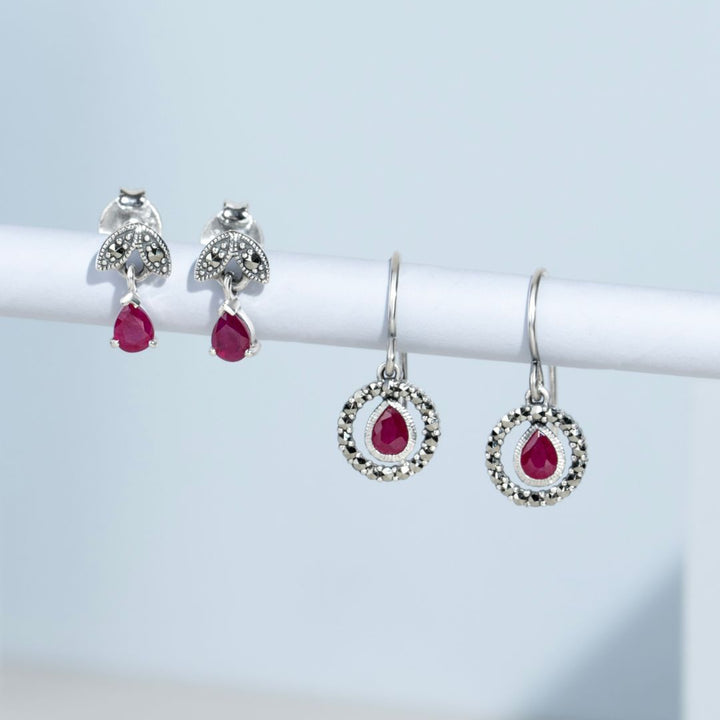 Classic Pear Ruby & Marcasite Round Halo Drop Earrings in 925 Sterling Silver