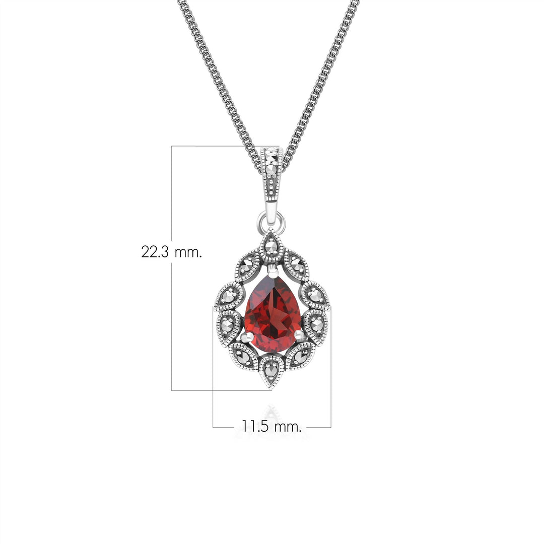 Art Deco Style Pear Garnet & Marcasite Pendant Necklace in Sterling Silver