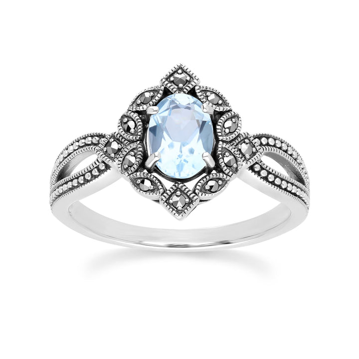 Art Deco Style Oval Blue Topaz & Marcasite Ring in Sterling Silver