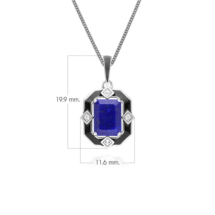 Grand Deco Black Enamel, Lapis Lazuli & Topaz Pendant Necklace in Sterling Silver