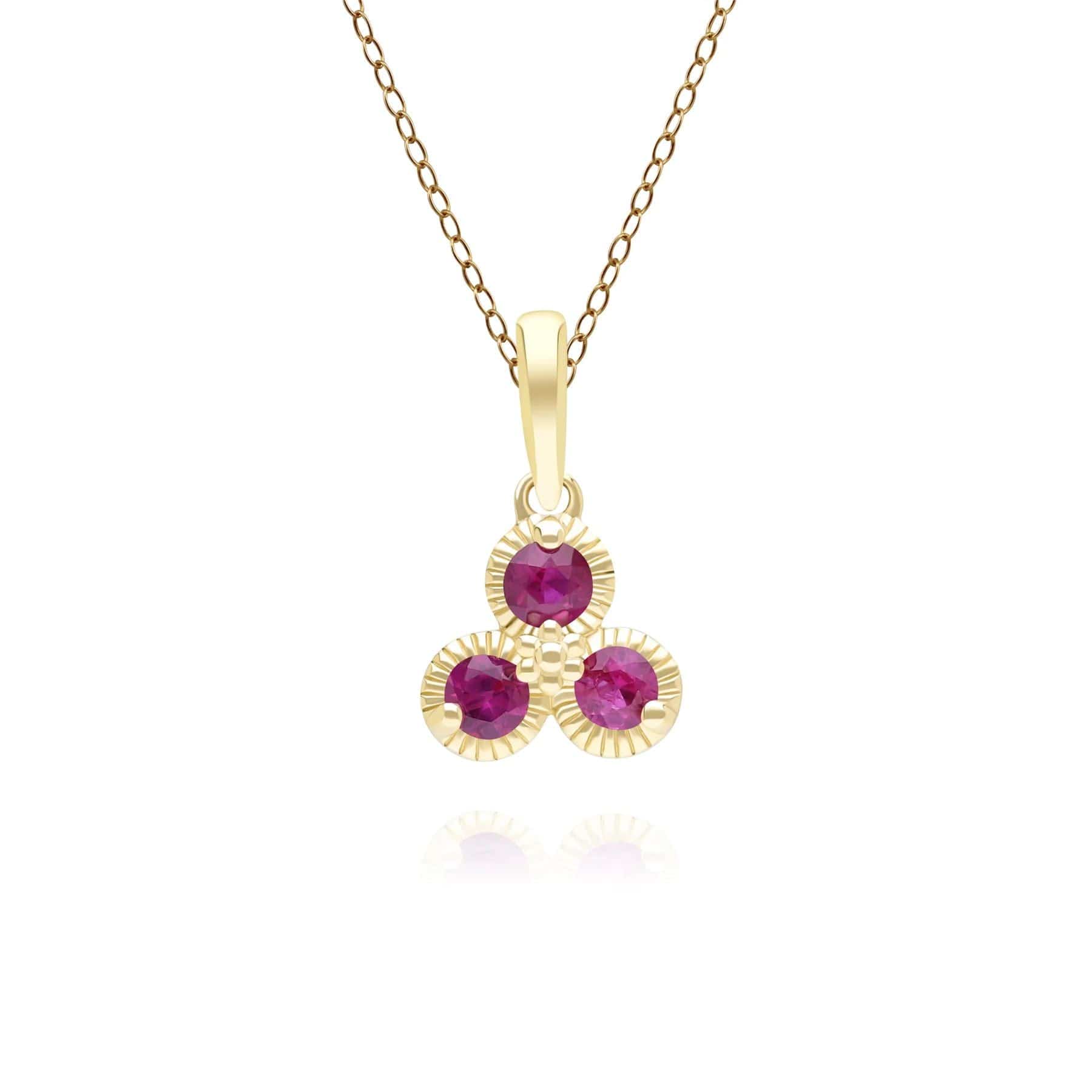 Floral Ruby Three Stone Pendant Necklace in 9ct Yellow Gold