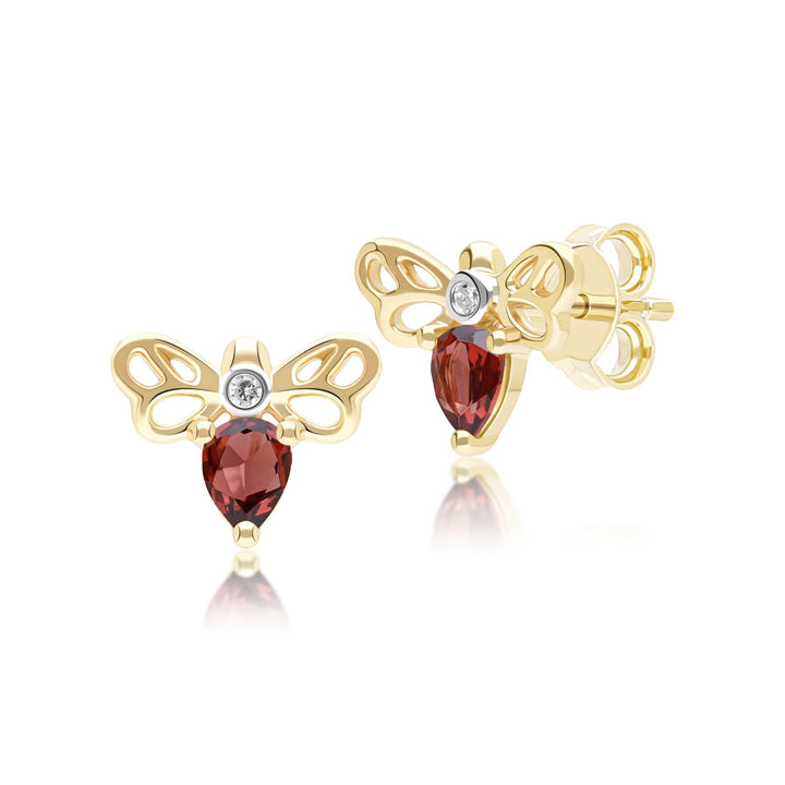 Honeycomb Art Nouveau Pear Shape Garnet and Diamond Bee Stud Earrings in 9ct Yellow Gold