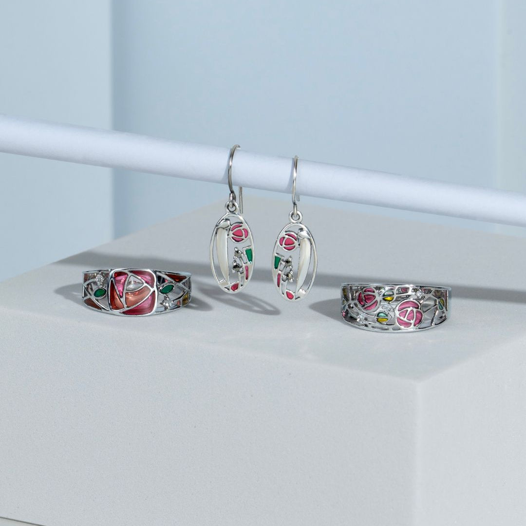 Rennie Mackintosh Round Marcasite & Enamel Drop Earrings in 925 Sterling Silver