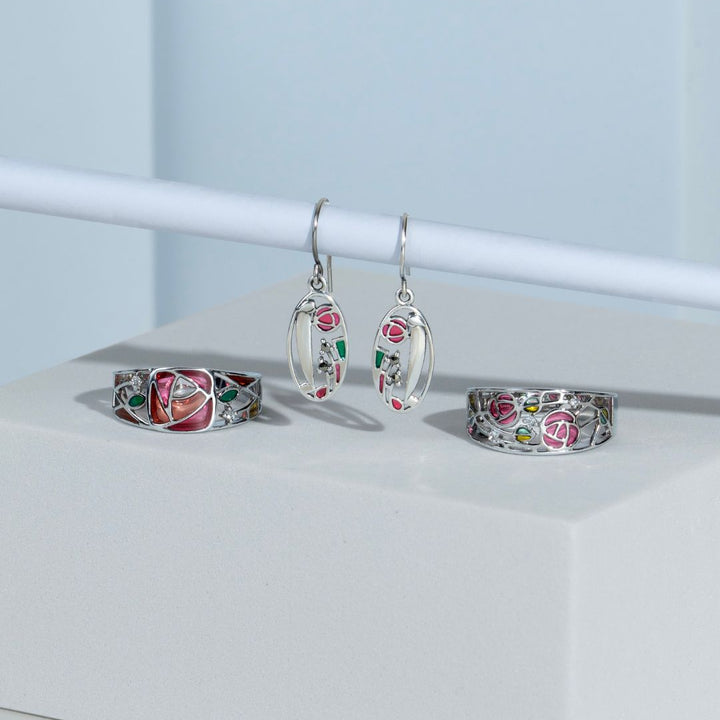 Rennie Mackintosh Round Marcasite & Enamel Drop Earrings in 925 Sterling Silver