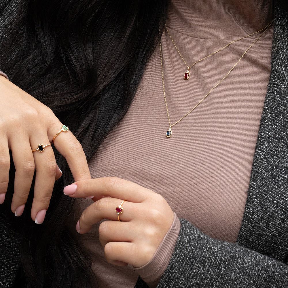 Classic Ruby Baguette & Diamond Pendant Necklace In 9ct Yellow Gold