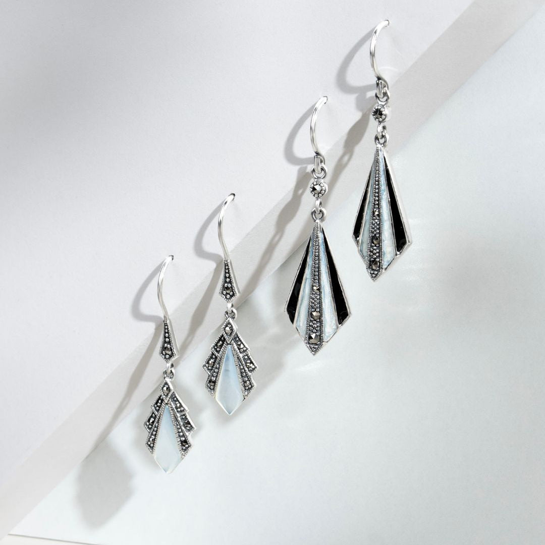 Art Deco Style Round Marcasite Black & White Enamel Fan Drop Earring in 925 Sterling Silver