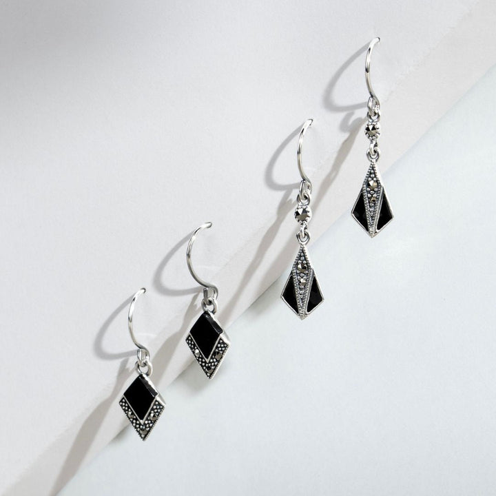 Art Deco Style Black Onyx & Marcasite Drop Earrings in 925 Sterling Silver