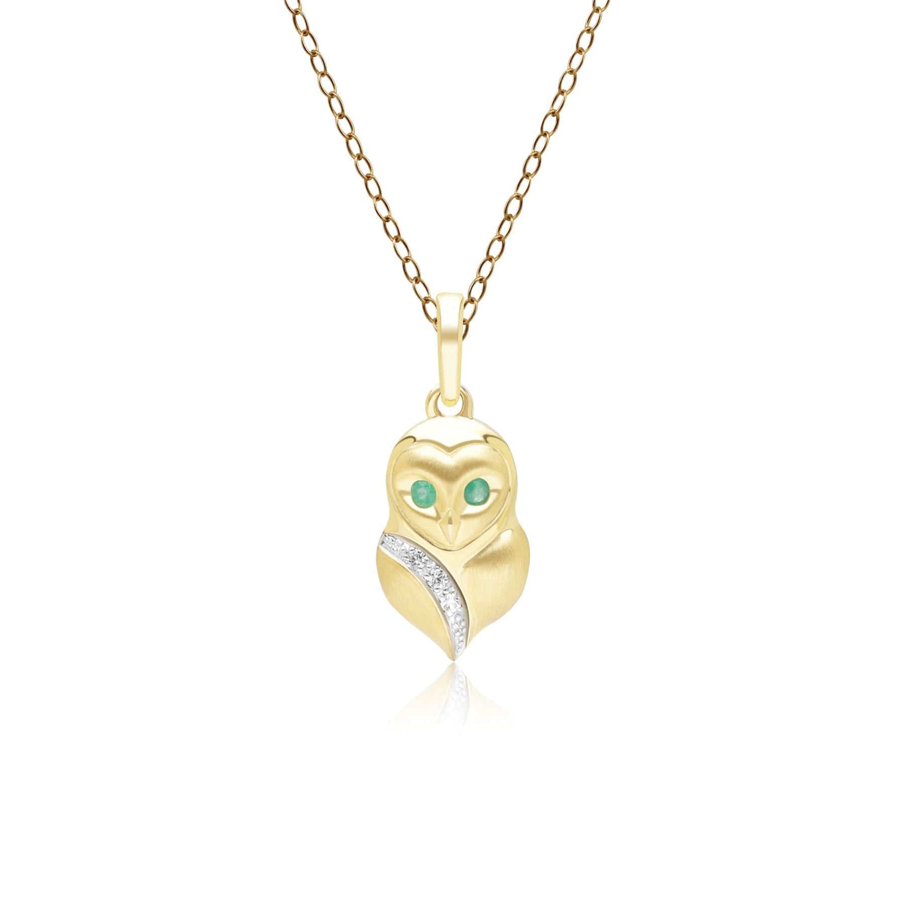 135P2128029 Gardenia Emerald and White Sapphire Owl Pendant Necklace in 9ct Yellow Gold Front