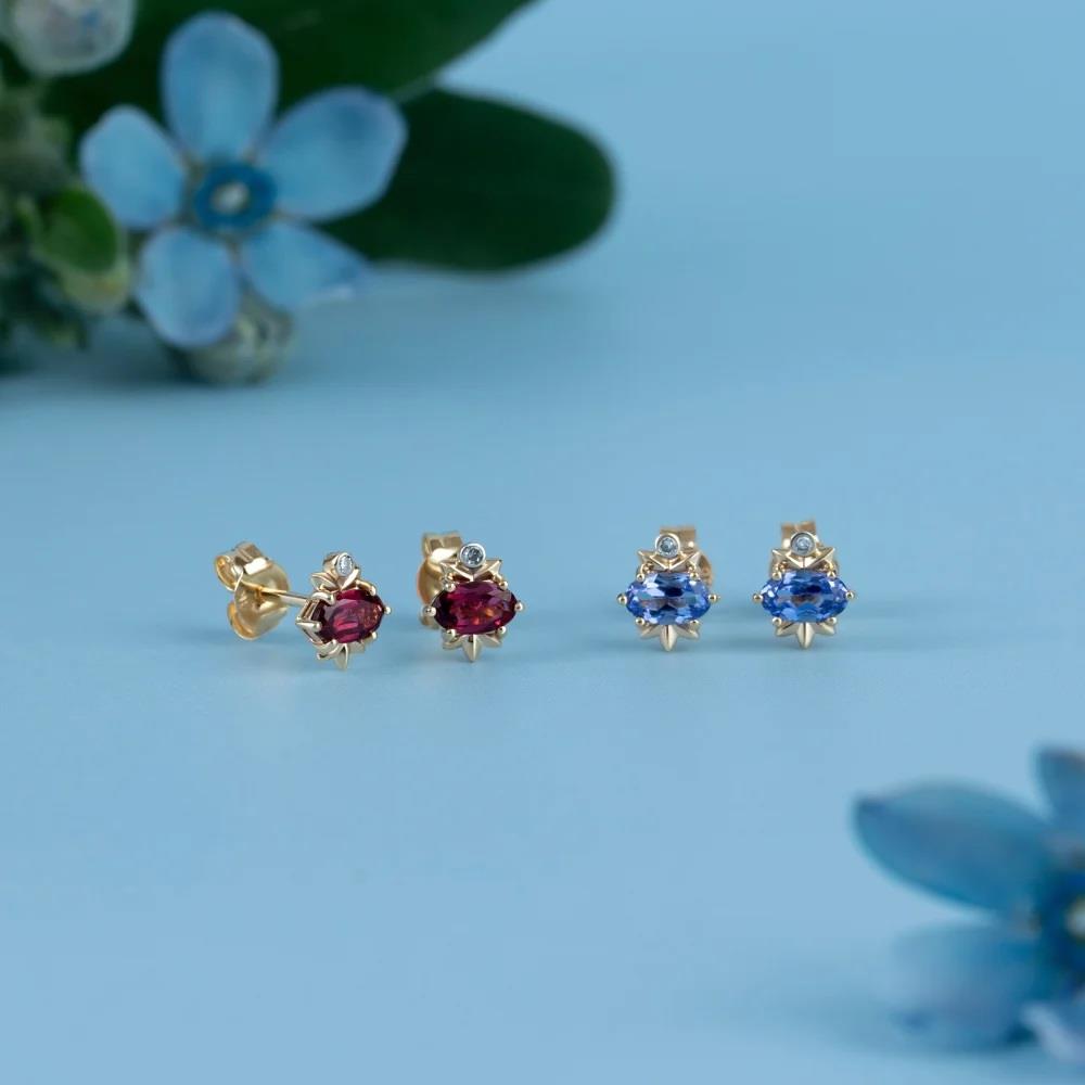 Classic Oval Rhodolite & Diamond Stud Earrings in 9ct Yellow Gold