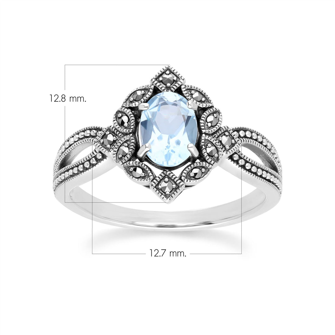 Art Deco Style Oval Blue Topaz & Marcasite Ring in Sterling Silver