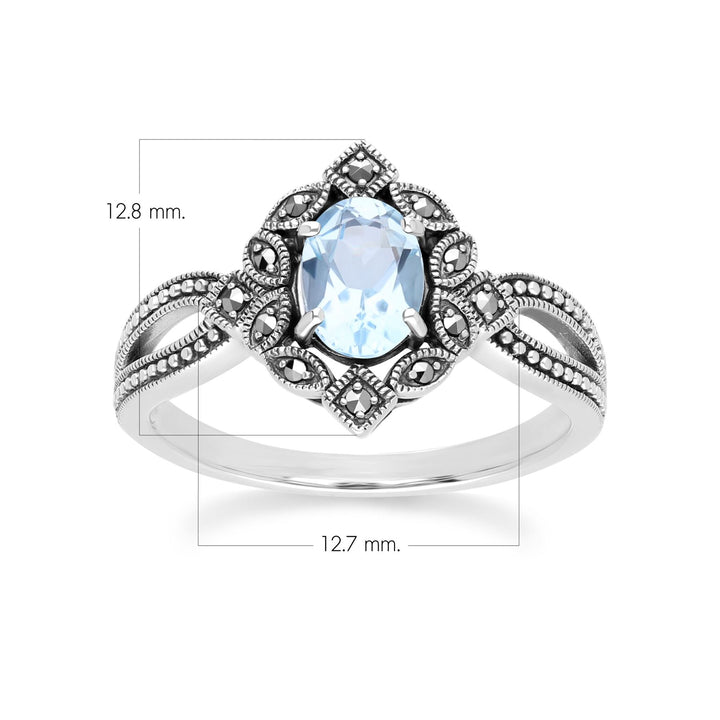 Art Deco Style Oval Blue Topaz & Marcasite Ring in Sterling Silver