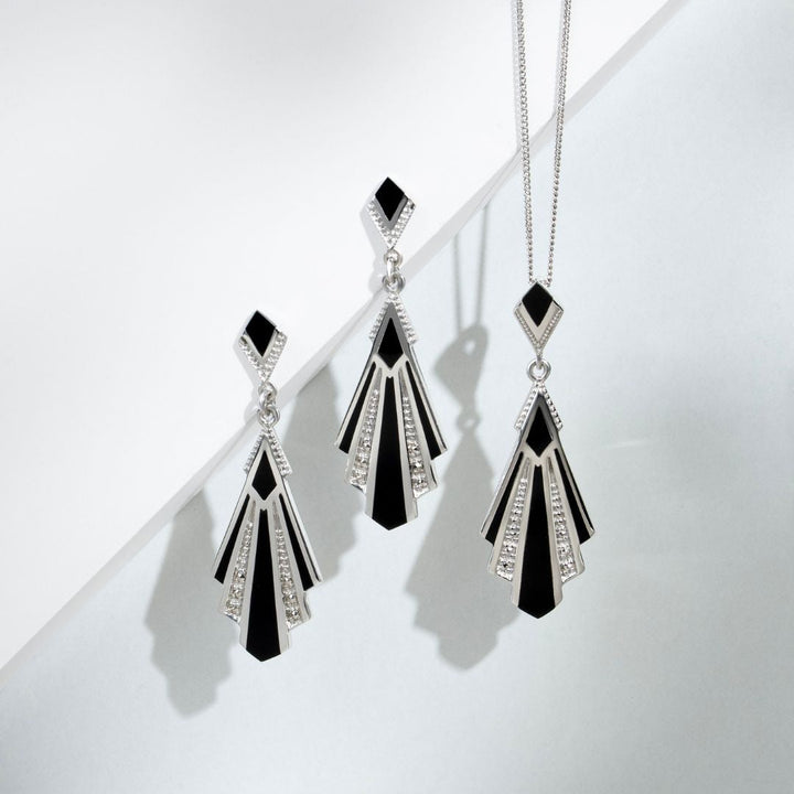 Art Deco Style Triangle Black Onyx & Marcasite Fan Pendant in 925 Sterling Silver