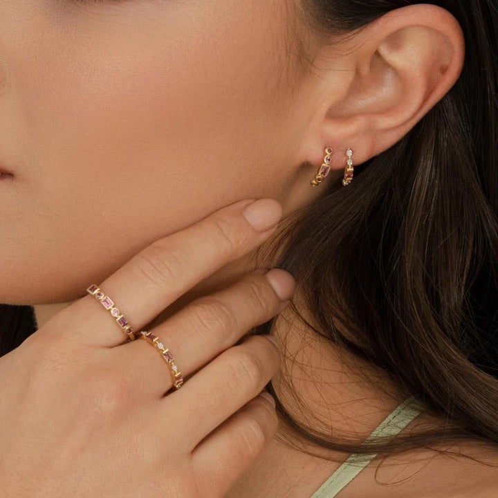 Classic Pink Tourmaline & Diamond Half Eternity Hoop Earrings in 9ct Yellow Gold