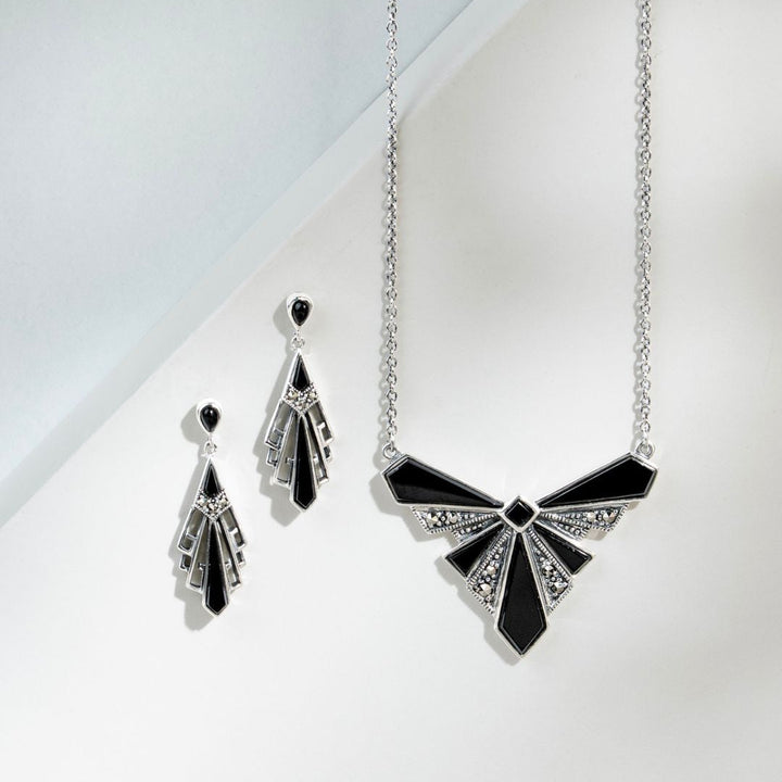Art Deco Style Round Black Onyx & Marcasite Fan Drop Earrings in 925 Sterling Silver