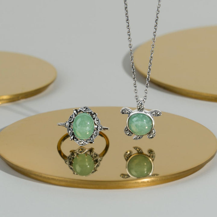Green Jade & Marcasite Turtle Necklace in 925 Sterling Silver
