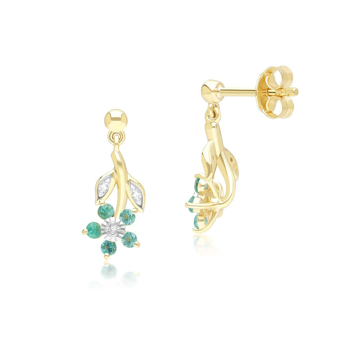 Floral Emerald & Diamond Drop Earrings in 9ct Yellow Gold