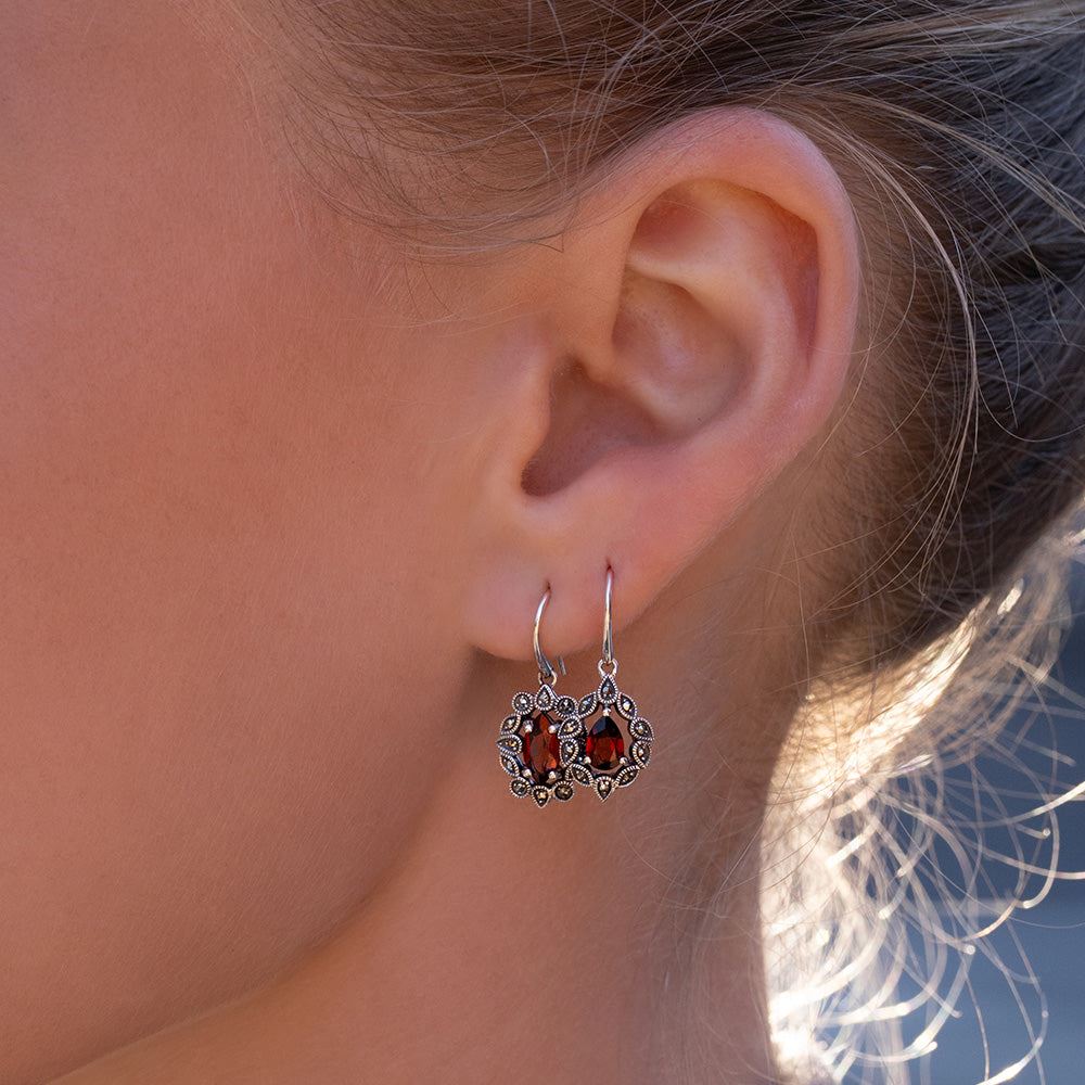 Art Deco Style Pear Garnet & Marcasite Drop Earrings in Sterling Silver