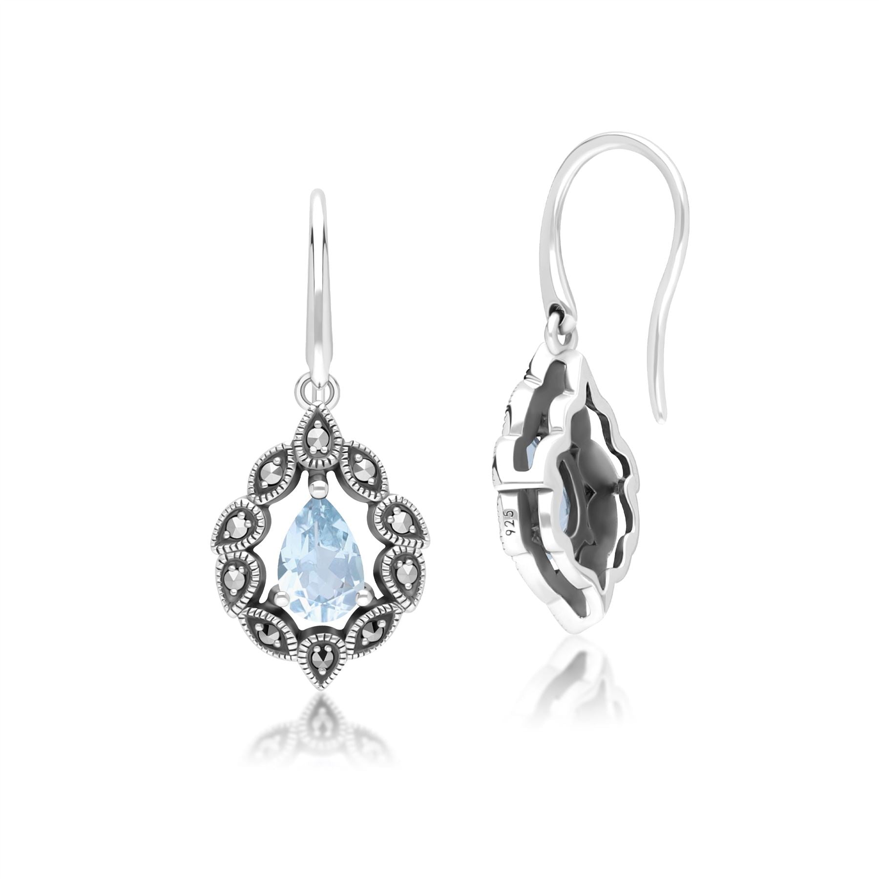 Art Deco Style Pear Blue Topaz & Marcasite Drop Earrings in Sterling Silver