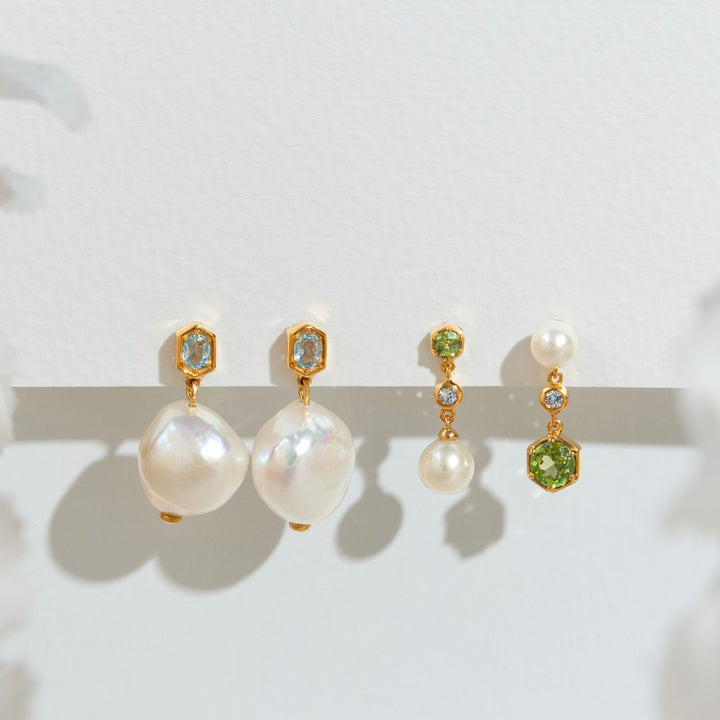 Modern Pearl, Peridot & Topaz Mismatched Drop Earrings in Gold Plated Silver