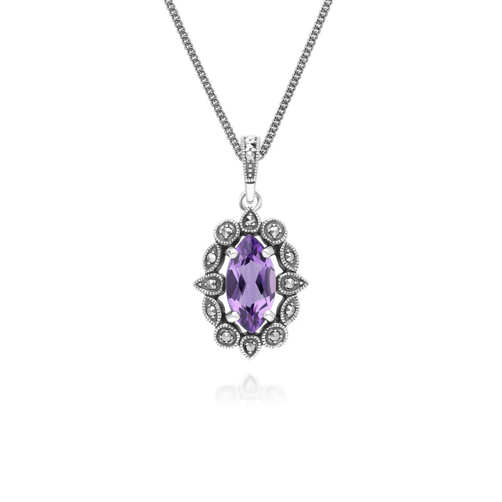 Art Deco Style Marquise Amethyst & Marcasite Pendant Necklace in Sterling Silver
