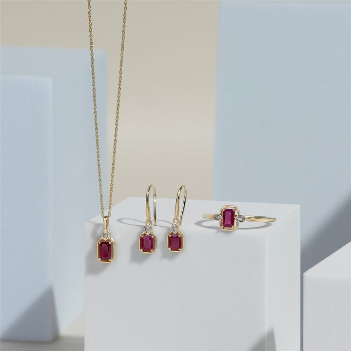 Classic Ruby Baguette & Diamond Drop Earrings In 9ct Yellow Gold