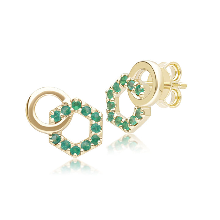Geometric Hexagon and Round Linked with Prong set Emerald Stud Earrings in 9ct Yellow Gold