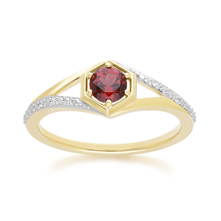 Geometric Hexagon with Prong set Round Garnet and Diamond Ring in 9ct Yellow Gold