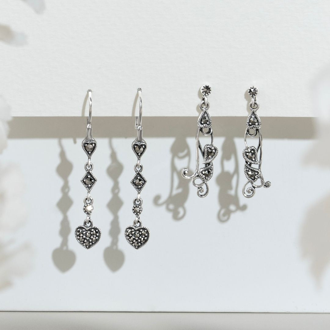 Art Nouveau Style Round Marcasite Drop Earrings in 925 Sterling Silver