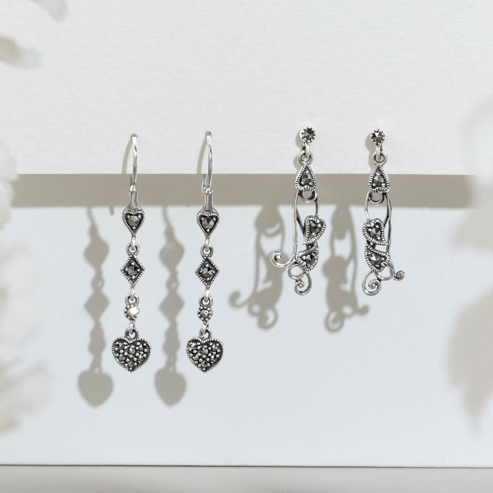 Art Nouveau Style Round Marcasite Drop Earrings in 925 Sterling Silver