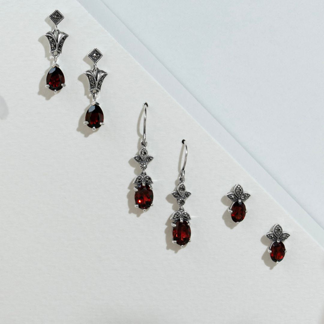 Art Nouveau Style Oval Garnet & Marcasite Drop Earrings in 925 Sterling Silver