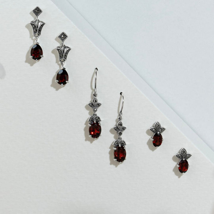 Art Nouveau Style Oval Garnet & Marcasite Drop Earrings in 925 Sterling Silver