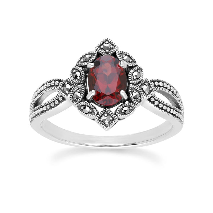 Art Deco Style Oval Garnet & Marcasite Ring in Sterling Silver