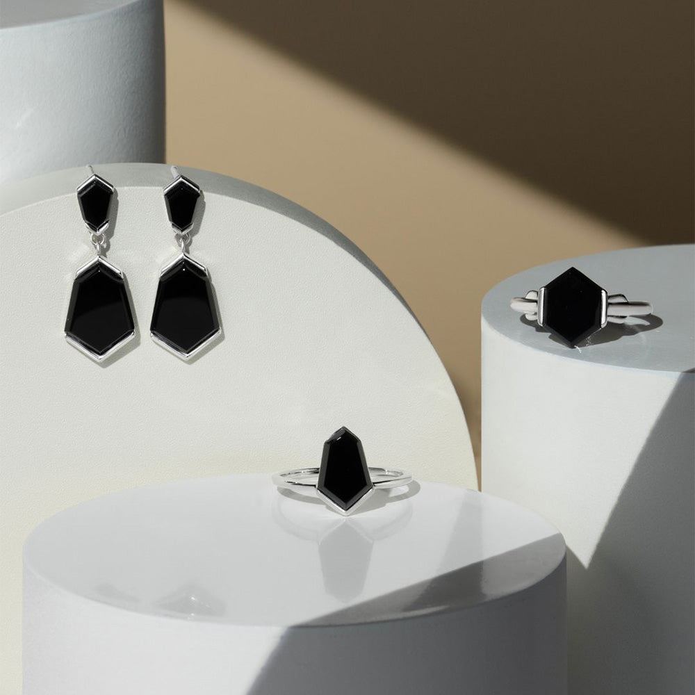 Grand Deco Hexagon Necktie Black Onyx Ring in Sterling Silver