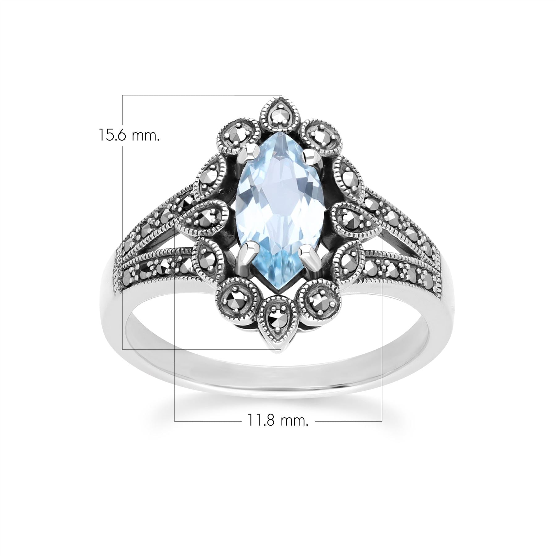 Art Deco Style Marquise Blue Topaz & Marcasite Ring in Sterling Silver