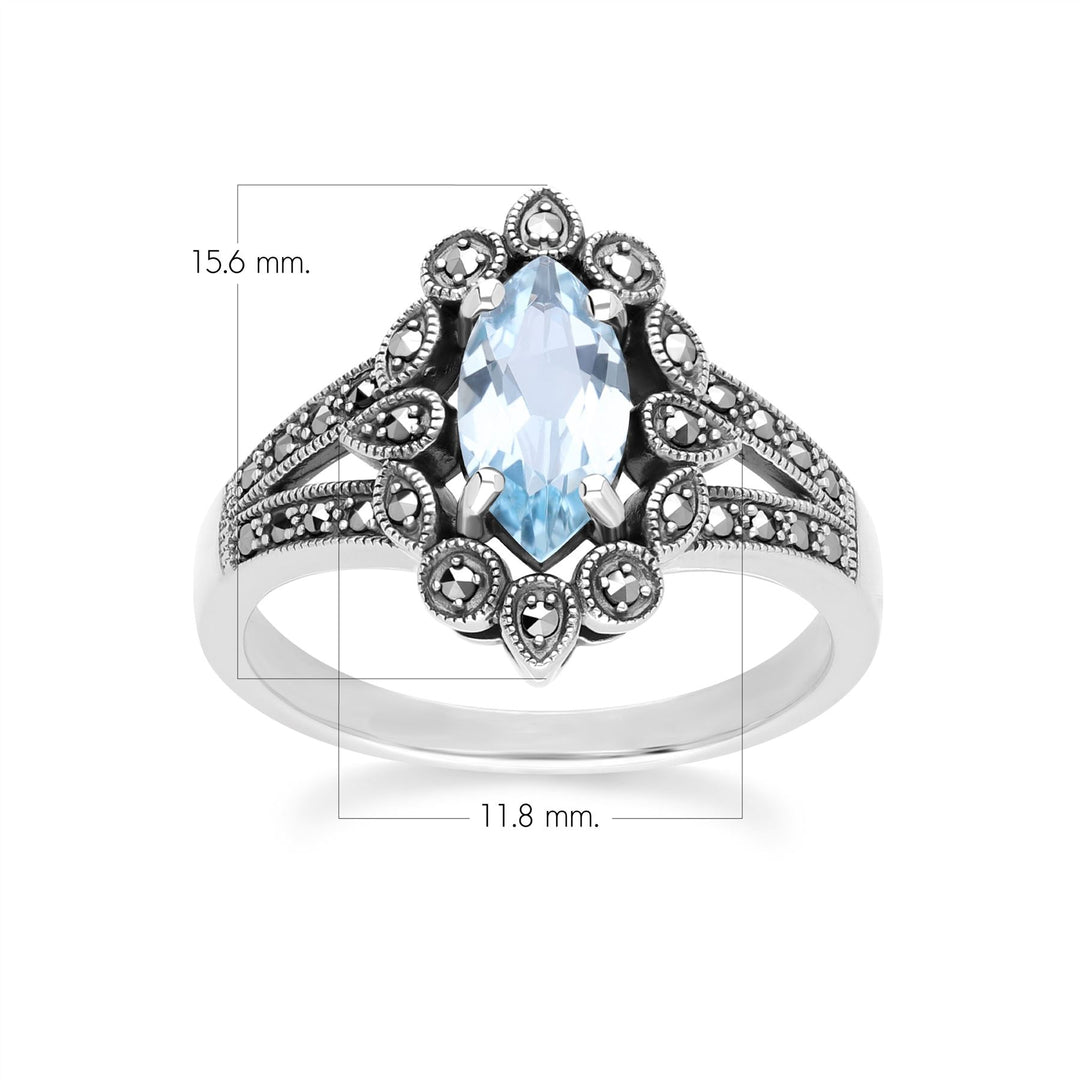 Art Deco Style Marquise Blue Topaz & Marcasite Ring in Sterling Silver