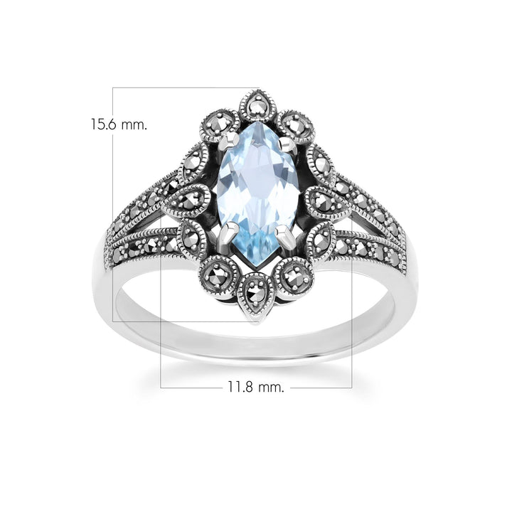 Art Deco Style Marquise Blue Topaz & Marcasite Ring in Sterling Silver