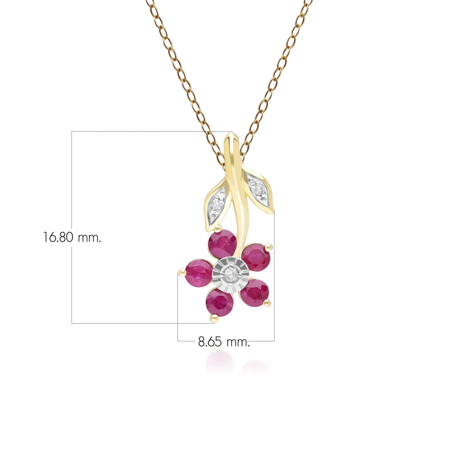 Floral Ruby & Diamond Pendant Necklace in 9ct Yellow Gold