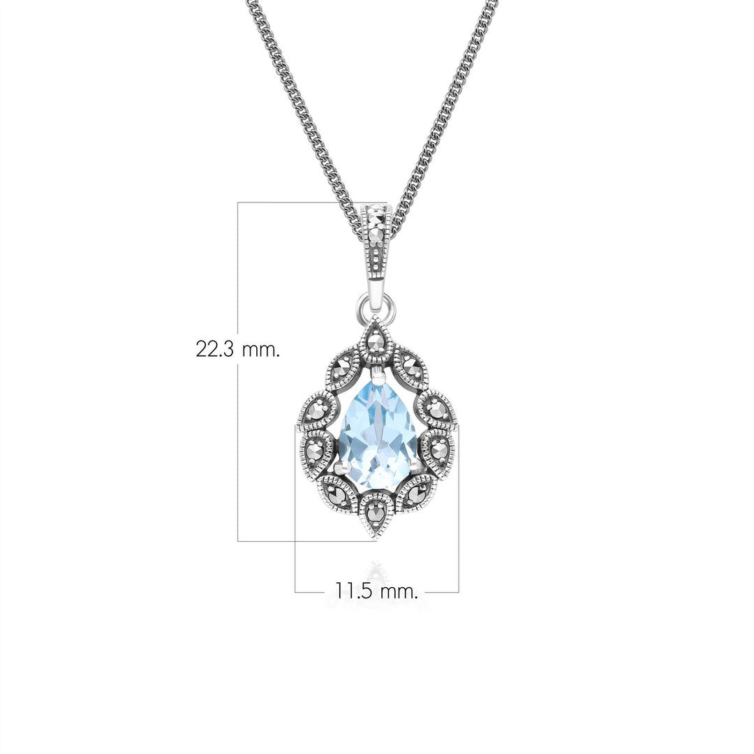 Art Deco Style Pear Blue Topaz & Marcasite Pendant Necklace in Sterling Silver