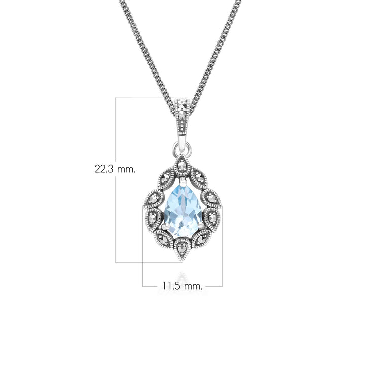 Art Deco Style Pear Blue Topaz & Marcasite Pendant Necklace in Sterling Silver