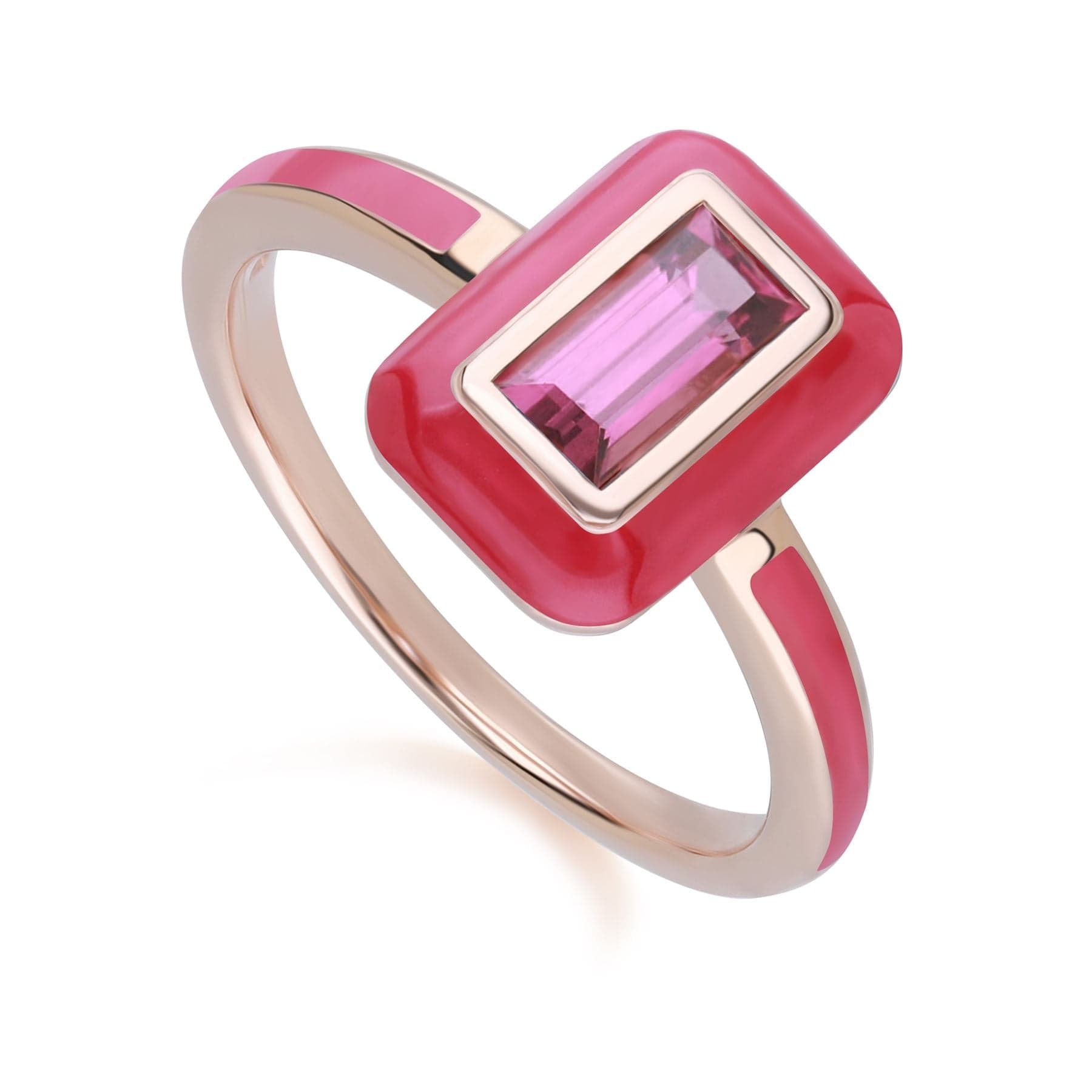 253R710490925 Siberian Waltz Pink Enamel & Baguette Rhodolite Ring in Rose Gold Plated Sterling Silver Front